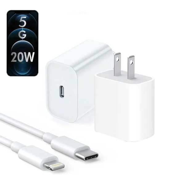 IPHONE POWER ADAPTER CHARGER 20W 2 PIN (USA PIN) WITH TYPE-C TO LIGHTNING CABLE