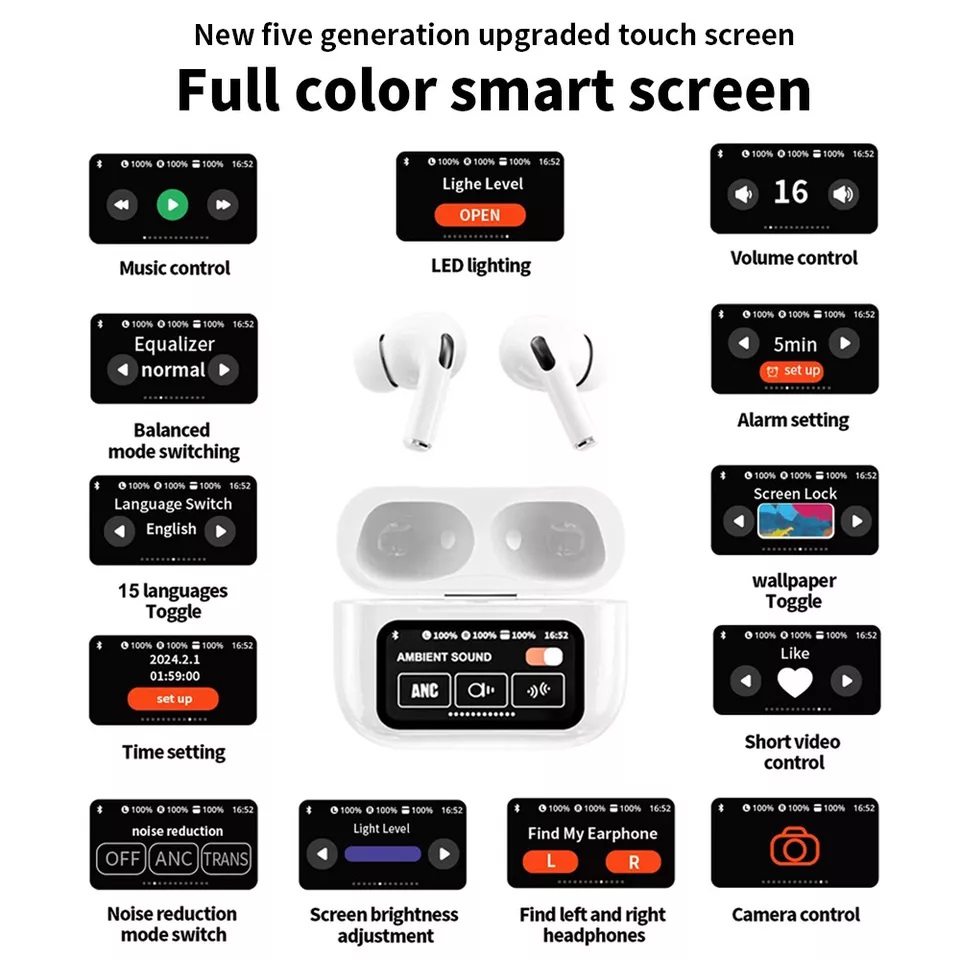 A9 Pro ANC ENC Wireless Earbuds BT 5.4 β Zhongkelqnxun Touch Control Black & White - Image 9